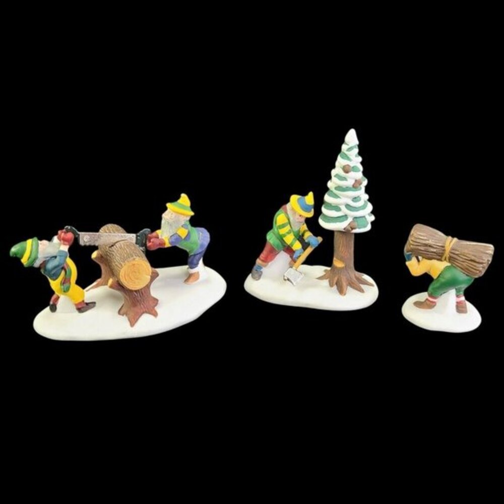 Department 56 Woodsmen Elves Christmas Chopping Wood Log Set of‎ 3 Dept 56 Vtg